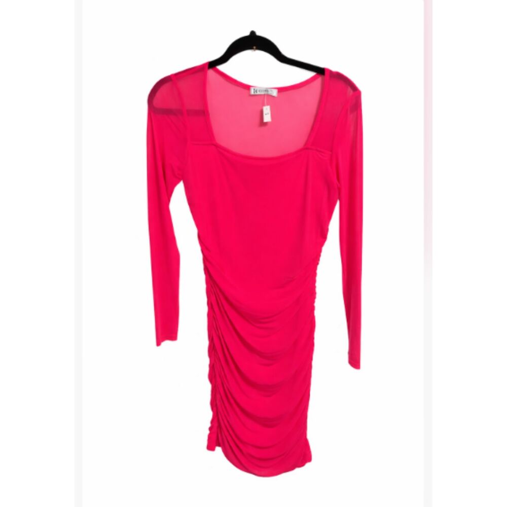 Hot Pink Ruched Mesh Long Sleeve Mini Dress Stretchy Valentine’s Bodycon